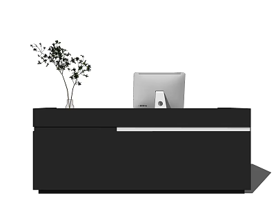 Stylish Black Reception Desk With Sleek Design Computer Monitor And Green Plant 3d model