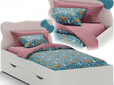 Cute Kids Bed With White Frame Pink Padded Headboard And Blue Animal Pattern Bedding 3d model