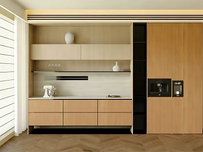 Modern Wooden Sideboard Cabinet With Drawers Shelves White Vase And Coffee Machine In Bright Kitchen 3d model