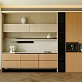 Modern Wooden Sideboard Cabinet With Drawers Shelves White Vase And Coffee Machine In Bright Kitchen