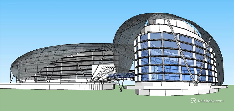 Modern Hotel Architecture With Glass Curtain Wall And Curved Steel Frame Design 3d model 