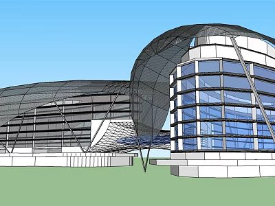 Modern Hotel Architecture With Glass Curtain Wall And Curved Steel Frame Design 3d model