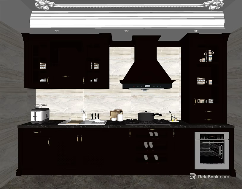 Modern Kitchen With Dark Cabinets Range Hood And Marble Countertop 3d model 