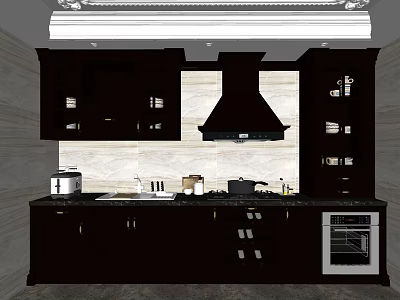 Modern Kitchen With Dark Cabinets Range Hood And Marble Countertop 3d model
