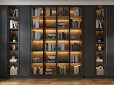 Modern Built in Bookcase With Black Frame Multiple Compartments Books And Warm Lighting Decorative Items 3d model