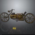 Vintage Motorcycle with Brass Metallic Body Large Spoked Wheels and Mechanical Details on Reflective Surface