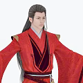 Long Haired Ancient Male Character in Red Traditional Robe with Golden Patterns and Phoenix
