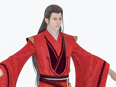 Long Haired Ancient Male Character in Red Traditional Robe with Golden Patterns and Phoenix 3d model
