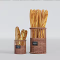 Two Brown Wicker Baskets Filled With Fresh Baguette Bread For Kitchen 3d model