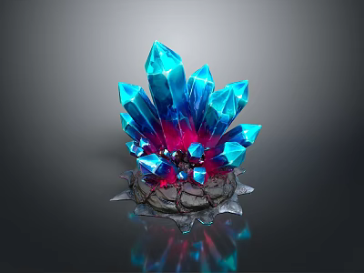 Glowing Blue And Pink Crystal Cluster Fantasy Scene Component With Rock Base 3d model