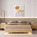 Modern Double Bed Interior Design With Wooden Frame Bedside Table Wall Art And Cozy Rug