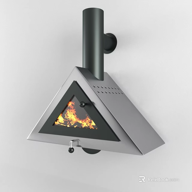 Modern Triangular Fireplace With Burning Fire And Stainless Steel Chimney Pipe 3d model