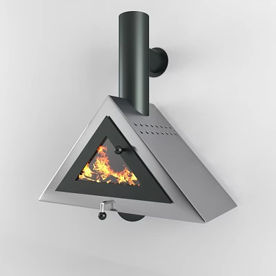 Modern Triangular Fireplace With Burning Fire And Stainless Steel Chimney Pipe 3d model