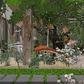 Rustic Restaurant Interior With Wooden Columns Green Plants Chandeliers And Dining Chairs