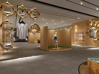 Modern Clothing Store Interior With Hanging Garments Mannequins And Wooden Displays 3d model