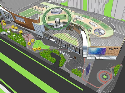 Modern Commercial Complex Architecture With Green Roof Circular Structure And Landscaped Areas 3d model