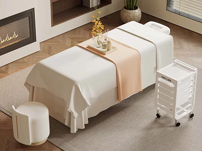 Cozy Massage Table Setup With White Sheets and Mobile Trolley in Elegant Indoor Spa Room 3d model