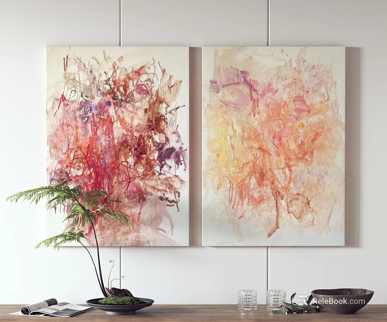 Two Abstract Paintings With Vibrant Red Purple Yellow Orange Hues For Interior Decor 3d model 