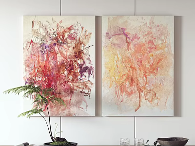 Two Abstract Paintings With Vibrant Red Purple Yellow Orange Hues For Interior Decor 3d model