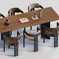 Modern Rectangular Wooden Dining Table Set With Six Gray And Brown Chairs And Decorative Items 3d model