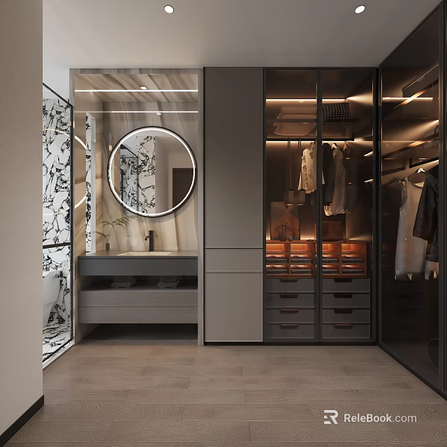Modern Walk-in Closet Interior Design With Glass Doors Round Mirror And Lighting Drawers 3d model 