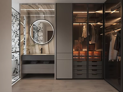 Modern Walk-in Closet Interior Design With Glass Doors Round Mirror And Lighting Drawers 3d model