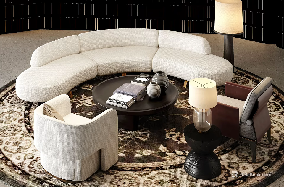 White Curved Sofa And Black Round Coffee Table With Patterned Rug Accent Chairs And Lamp 3d model 