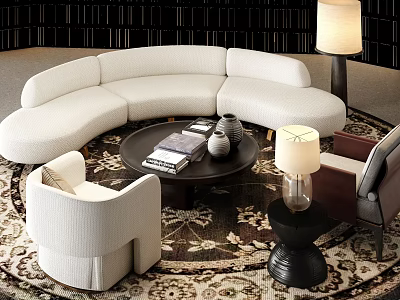 White Curved Sofa And Black Round Coffee Table With Patterned Rug Accent Chairs And Lamp 3d model