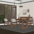 Modern Restaurant Interior With Wooden Dining Table Chairs Pendant Lights Blinds And Green Plants