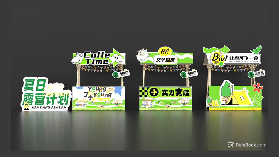 Colorful Market Stalls With Green Yellow Signage Coffee Time And Dream Themes 3d model 