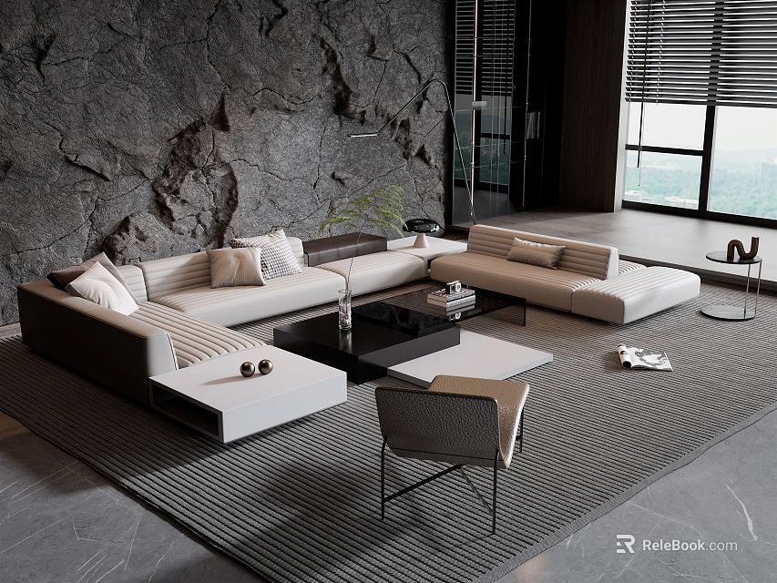 Modern Luxury Living Room Sofa Coffee Table Set With Marble Table Floor-to-Ceiling Window Stone Wall 3d model 