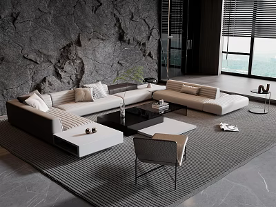 Modern Luxury Living Room Sofa Coffee Table Set With Marble Table Floor-to-Ceiling Window Stone Wall 3d model