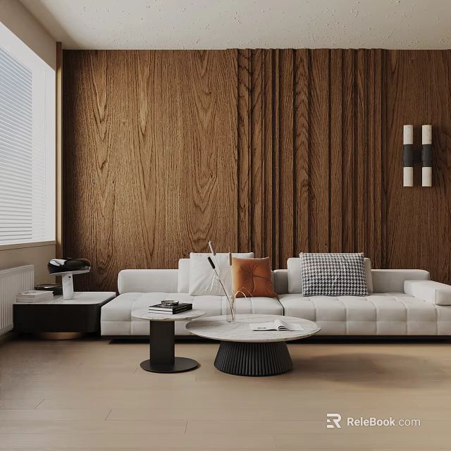 Modern White Three-Seater Sofa With Throw Pillows Against Wooden Wall In Minimalist Room 3d model 