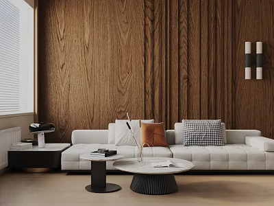 Modern White Three-Seater Sofa With Throw Pillows Against Wooden Wall In Minimalist Room 3d model