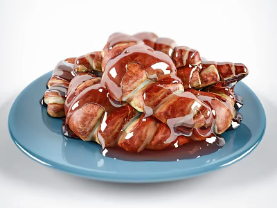 Fresh Golden Croissants Drizzled With Rich Chocolate Sauce On Blue Plate 3d model