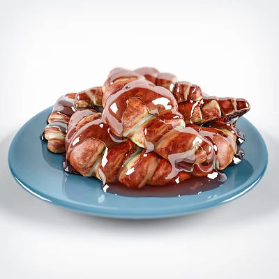 Fresh Golden Croissants Drizzled With Rich Chocolate Sauce On Blue Plate 3d model
