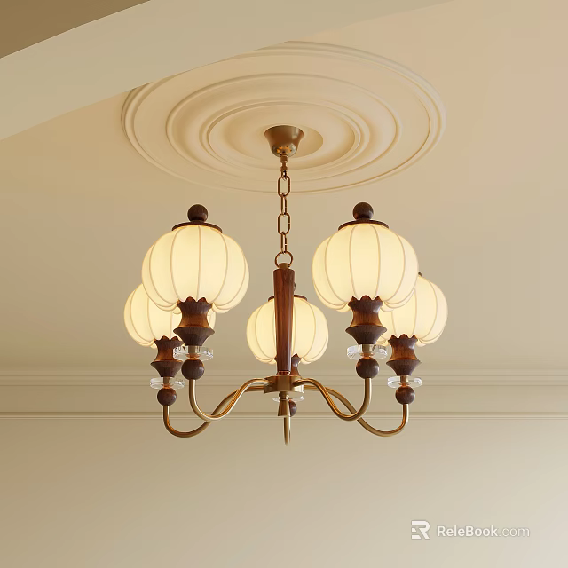 Elegant Multi Shade Chandelier With Brass Chain Wood Accents And Ceiling Medallion 3d model 