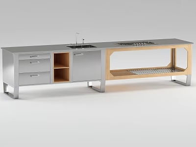 Modern Kitchen Interior With Stainless Steel Cabinet Countertop Drawers And Wooden Frame 3d model