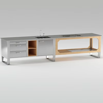 Modern Kitchen Interior With Stainless Steel Cabinet Countertop Drawers And Wooden Frame 3d model