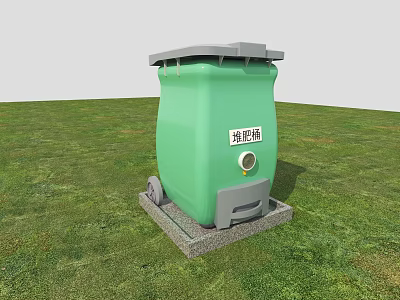 Practical Kitchen Waste Bin In Green Color With Wheels And Concrete Base On Grass 3d model