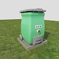 Practical Kitchen Waste Bin In Green Color With Wheels And Concrete Base On Grass