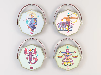 Decorative Octagonal Zodiac Sign Pendants With Leather Straps And Colorful Patterns 3d model