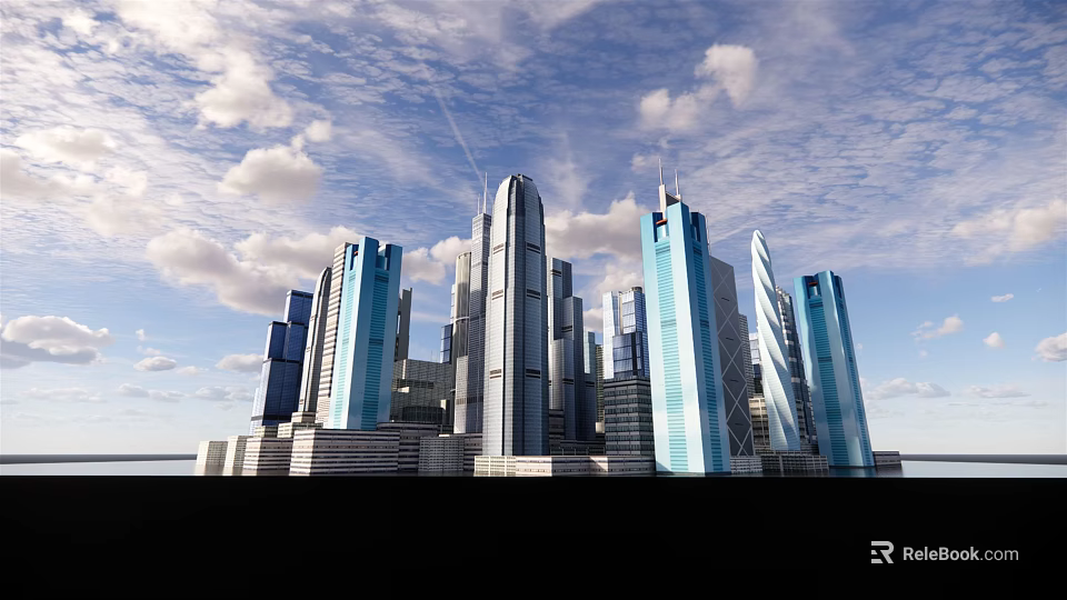 Modern Urban Skyscrapers With Glass Facades Under Blue Sky And White Clouds 3d model 