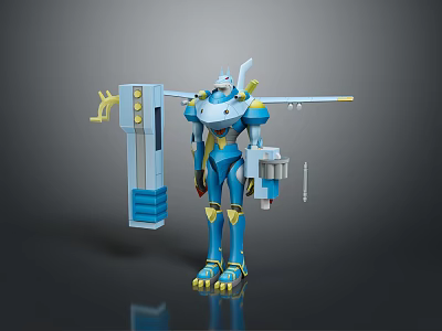 Game Movie Character Blue Robot with Yellow Details White Head Mechanical Structure and Sci-Fi Design 3d model