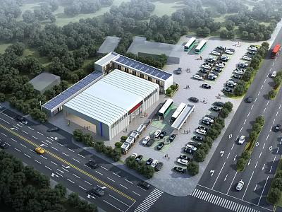 Industrial Factory Building With Solar Panels On Roof Surrounded By Trees And Parking Area 3d model
