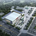 Industrial Factory Building With Solar Panels On Roof Surrounded By Trees And Parking Area