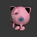 Adorable Pink Creature Character With Big Blue Eyes And Black Ears Standing On Dark Surface