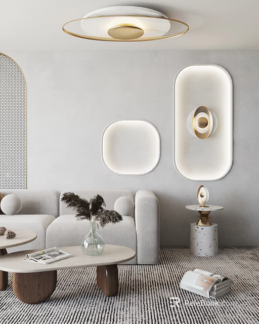 Modern Minimalist Living Room Interior With Wall Mounted Oval And Square White Golden Lighting Combination 3d model 