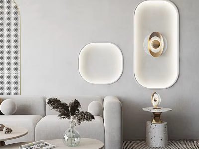 Modern Minimalist Living Room Interior With Wall Mounted Oval And Square White Golden Lighting Combination 3d model