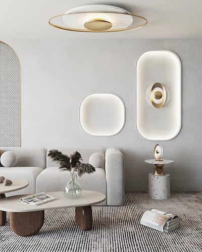 Modern Minimalist Living Room Interior With Wall Mounted Oval And Square White Golden Lighting Combination 3d model